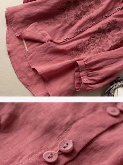 Embroidered 3/4 Sleeve Casual Linen Shirt Top
