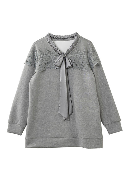 New Grey Lace Patchwork Lace Up Cotton Pullover Spring