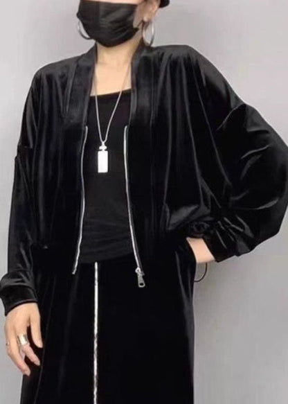 2025 New Black V Neck Zippered Silk Velvet Coat Batwing Sleeve