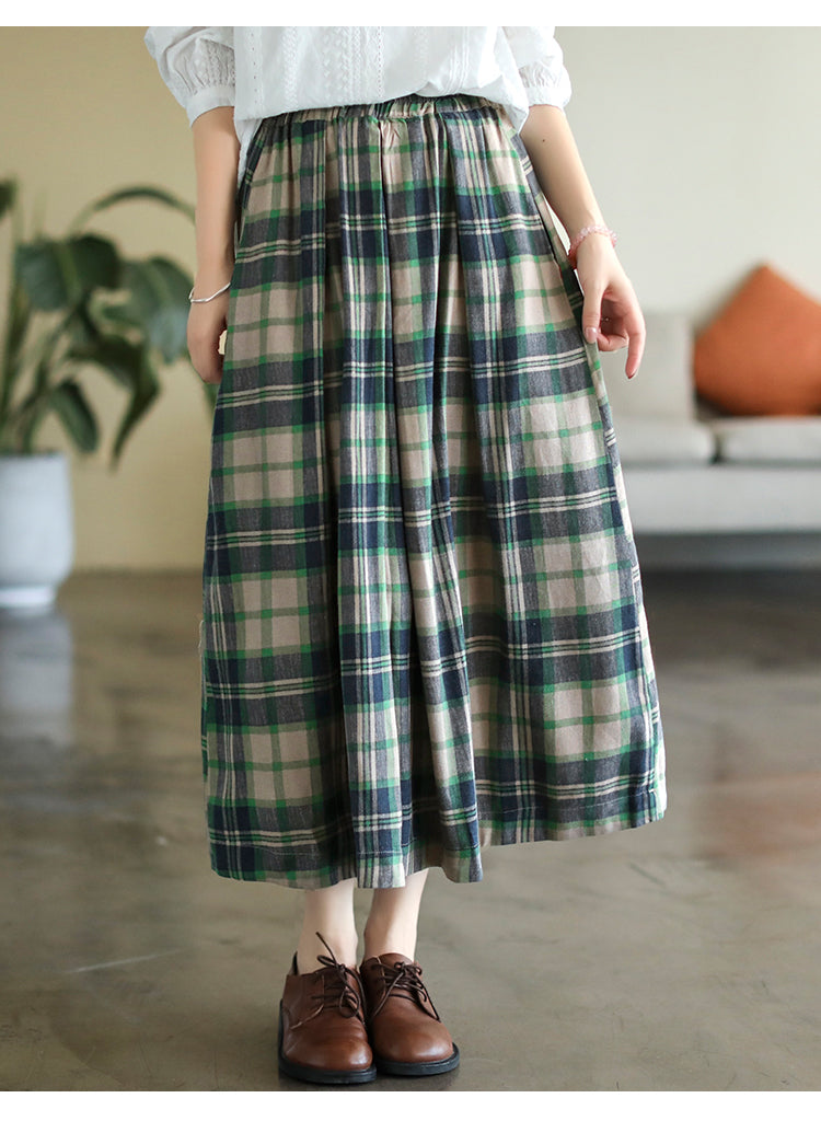 Vintage Cotton and Linen Check Elastic High Waist Plus Size A-Line Skirt