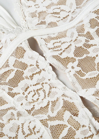 Boho White V Neck Hollow Out Lace Ankle Dress Sleeveless