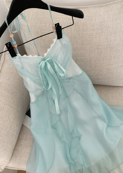 Elegant Blue V Neck Ruffled Lace Up Chiffon Long Dresses Sleeveless