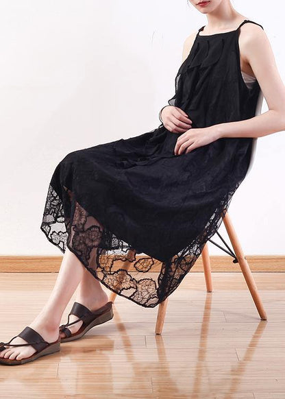 Elegant black Lace Tunics Fine design sleeveless Art summer Dresses