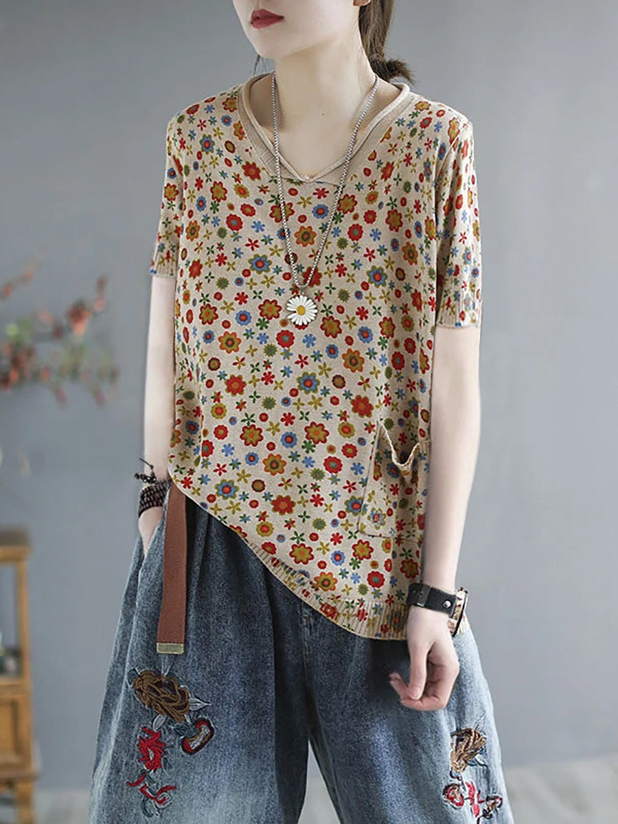 Plus Size - Floral  Knitted Casual Print Pocket Sweater