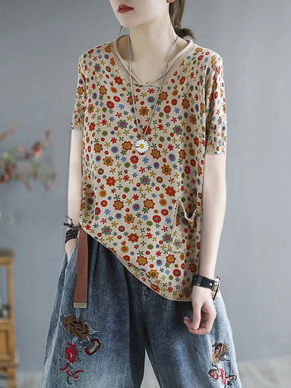 Plus Size - Floral  Knitted Casual Print Pocket Sweater