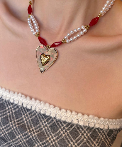 Elegant Colorblock Alloy Pearl Love Glass Bead Pendant Necklace