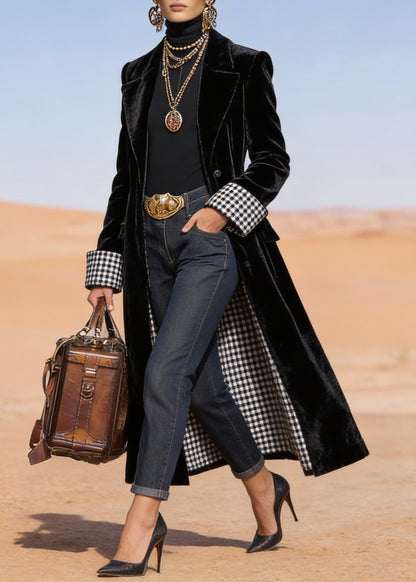 Fitted Black Peter Pan Collar Pockets Velvet Long Coat Spring