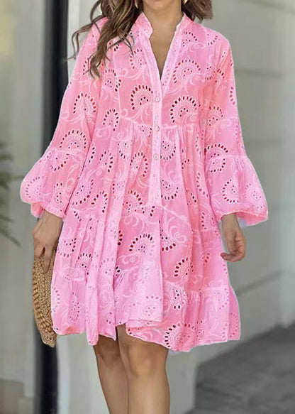 Casual Pink Oversized Hollow Out Cotton Sun Dress Summer