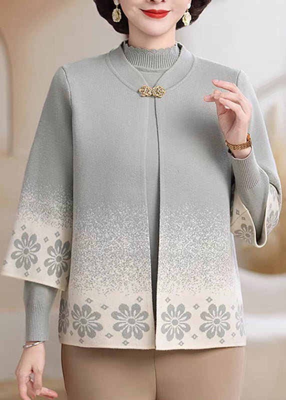 Classy Light Grey Print Cotton Knit Coats And Sweater Two Pieces Set Three Quarter Sleeve
