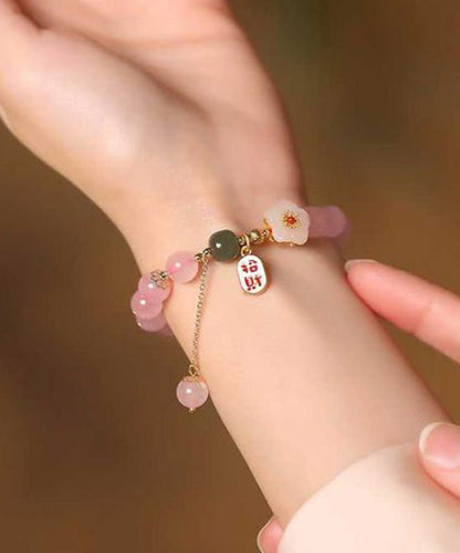 Cute Pink Sterling Silver Alloy Crystal Peach Blossom Charm Bracelet