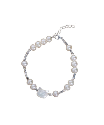 DIY White Sterling Silver Pearl Little Cats Crushed Silver Bracelet
