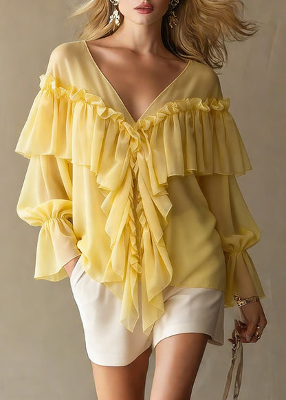 Yellow Ruffled Button Chiffon Shirt Tops V Neck Spring