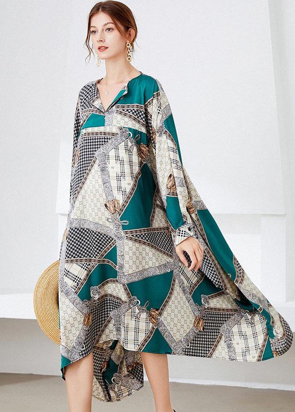 Vintage Black Green V Neck Print Fall Long Dresses