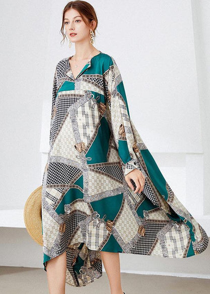 Vintage Black Green V Neck Print Fall Long Dresses