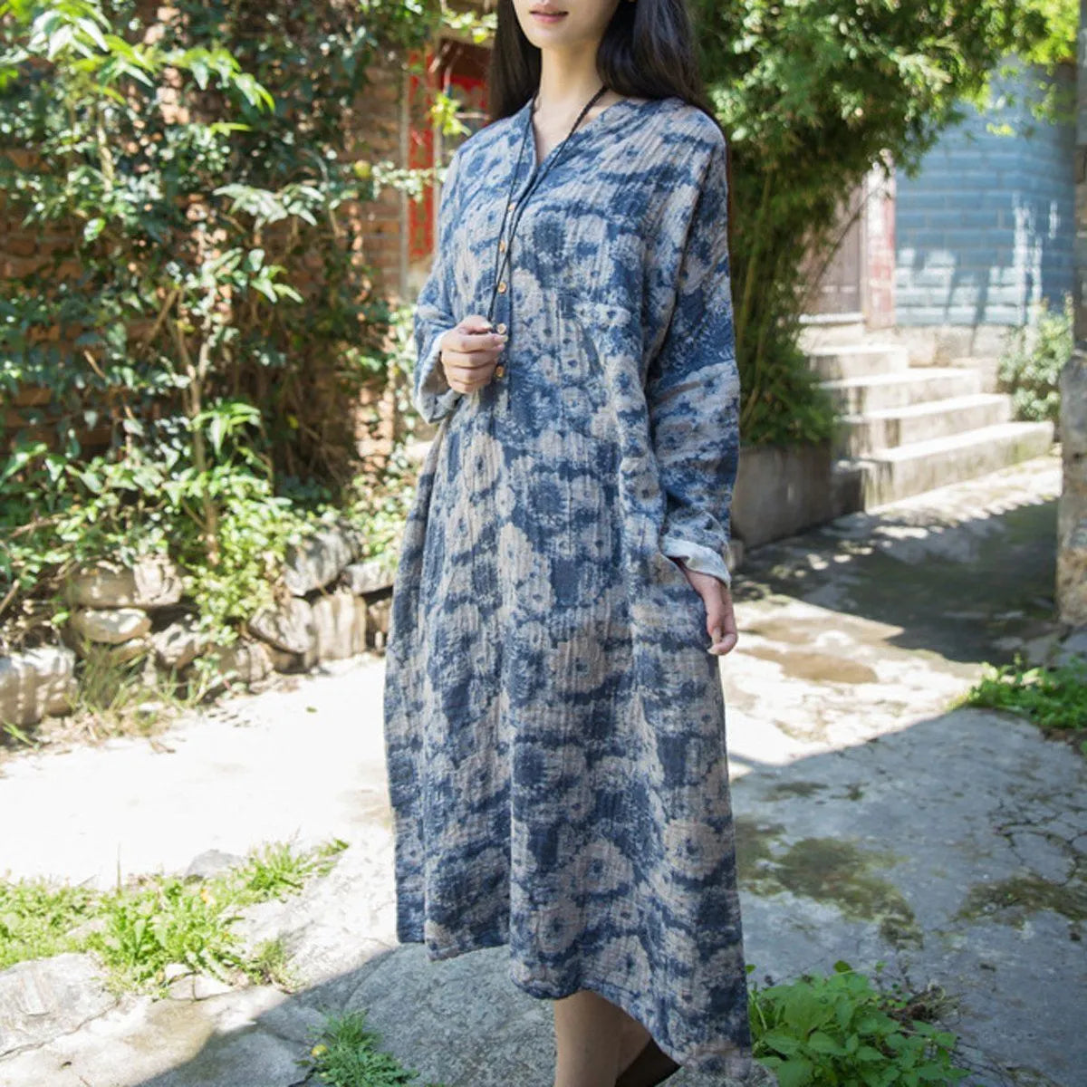 Cotton Linen Casual Loose Fitting Floral Dress Red / Blue