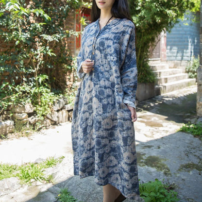 Cotton Linen Casual Loose Fitting Floral Dress Red / Blue