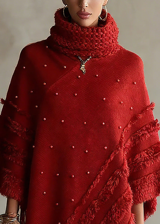 Casual Red Turtleneck Tassel Patchwork Cotton Knit Sweaters Tops Batwing Sleeve