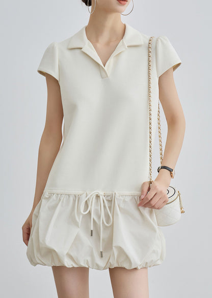 Casual Beige Peter Pan Collar Lace Up Cotton T Shirts Dress Summer