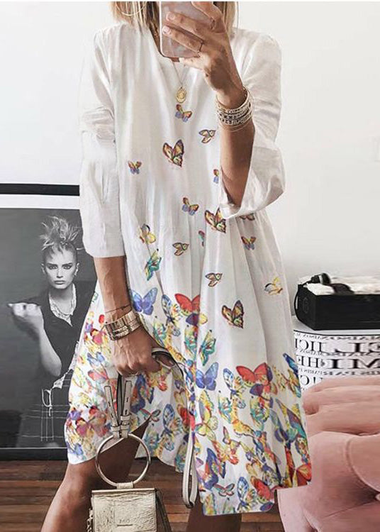 Bohemian Blue O Neck Butterfly Print Cotton Mid Dress Summer
