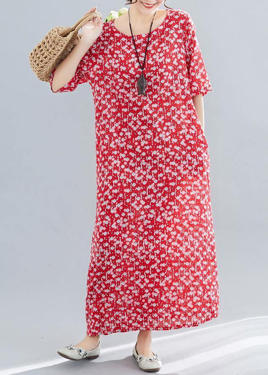 Bohemian o neck pockets linen cotton clothes Tutorials red print Dresses summer