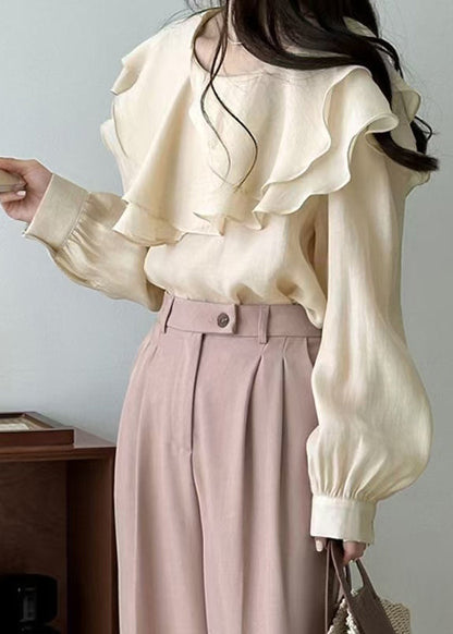 Art Beige Original Design Layered Solid Cotton Blouses Fall