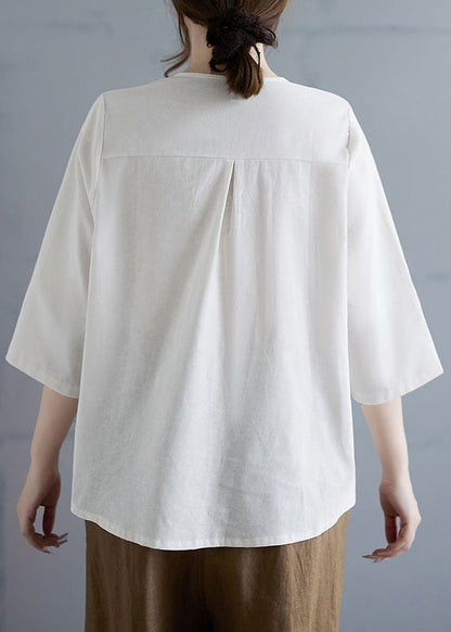 Casual Linen Color O Neck Button Cotton Top Bracelet Sleeve