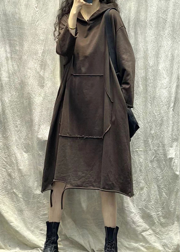 Fashion Coffee Hooded Ripped Patchwork Cotton Sweatshirts Dress Fall