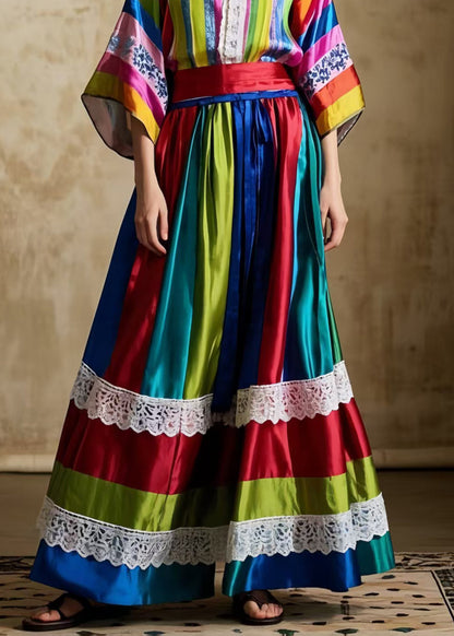 Bohemian Striped Patchwork Exra Large Hem Silk Women Skirts Spring