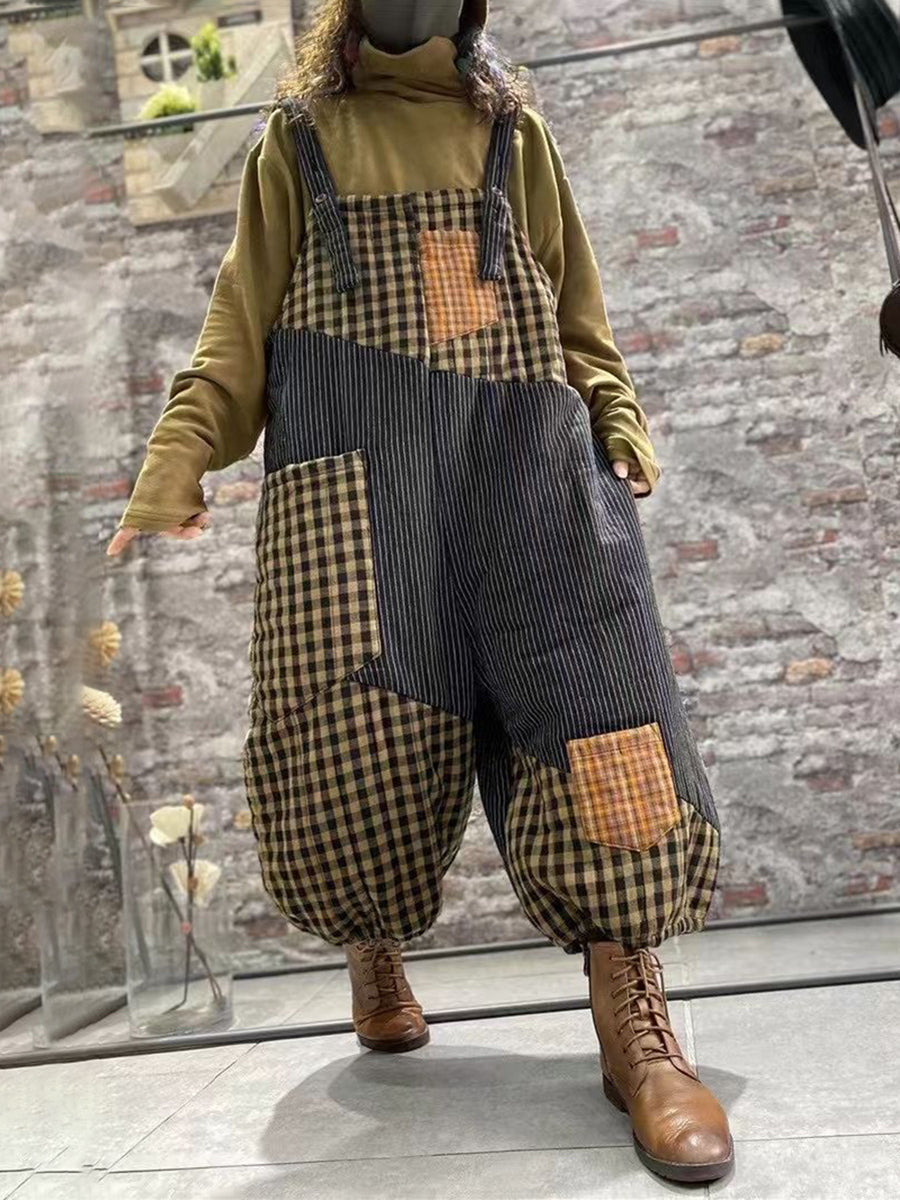 Women Plaid Thick Baggy Vintage Overalls Jumpsuit