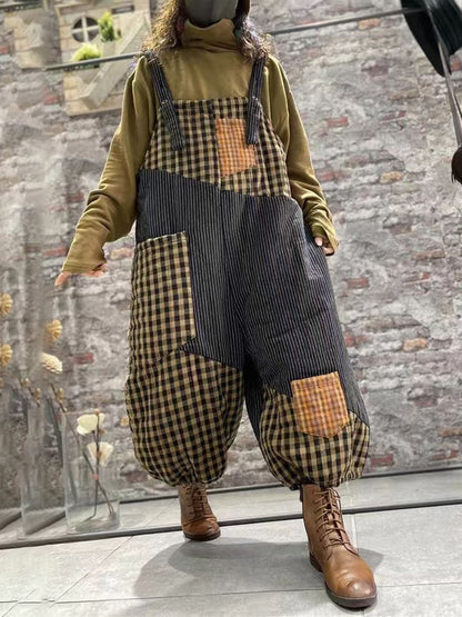 Women Plaid Thick Baggy Vintage Overalls Jumpsuit