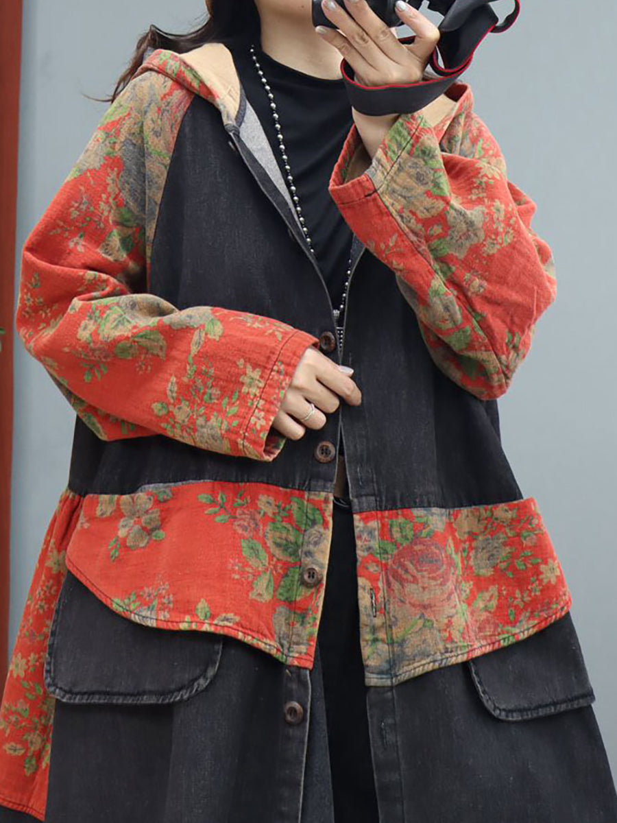 Women Denim Patchwork Print  Hooded Long Coat