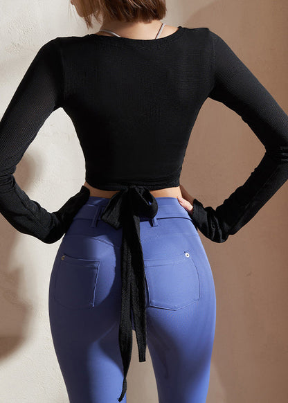 Black Patchwork Tie Waist Solid Yoga Shirts