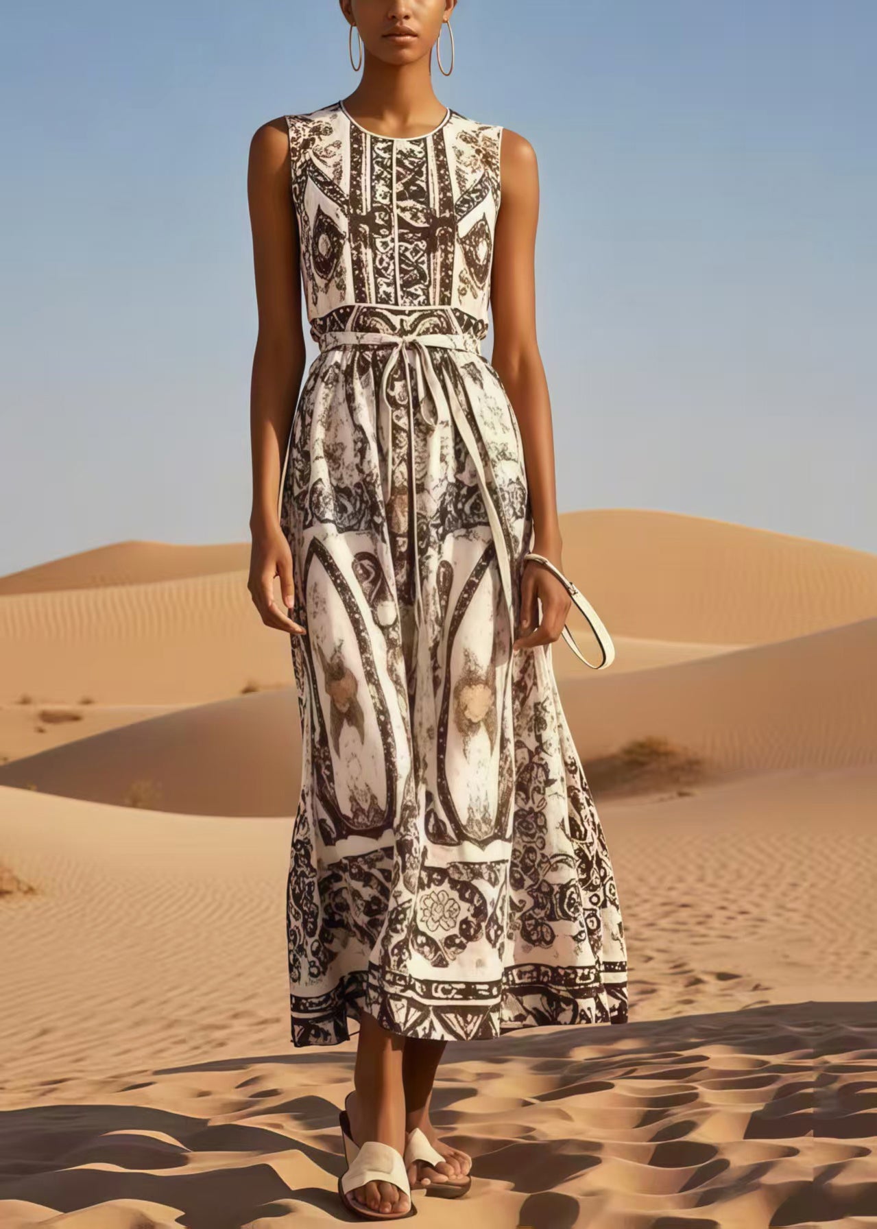 Fashion Brown Tie Waist Print Cotton Long Dress Summer