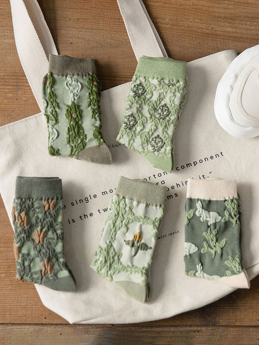5 Pairs Floral Women Casual Cotton Autumn Winter Socks
