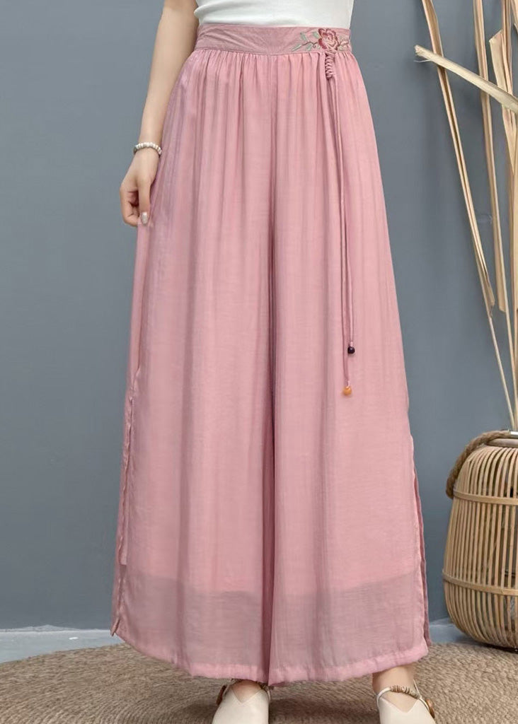 Casual White Embroidered Side Open Linen Wide Leg Pants Summer