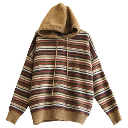 Spring Color Matching Stripe Knitted Hoodie