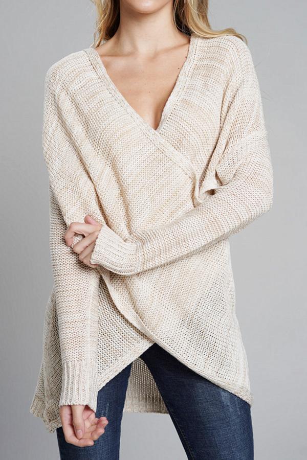 Casual V Neck Front Cross Weekend Sweater - Red