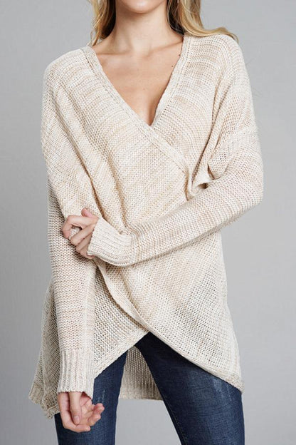 Casual V Neck Front Cross Weekend Sweater - Red