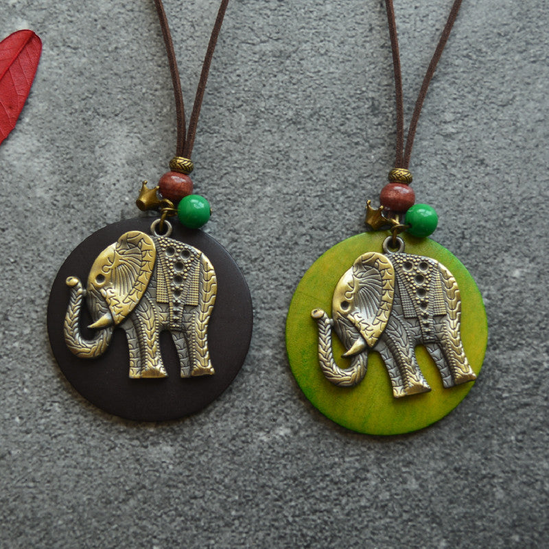 Vintage Art Wood Chip Bronze Elephant Necklace