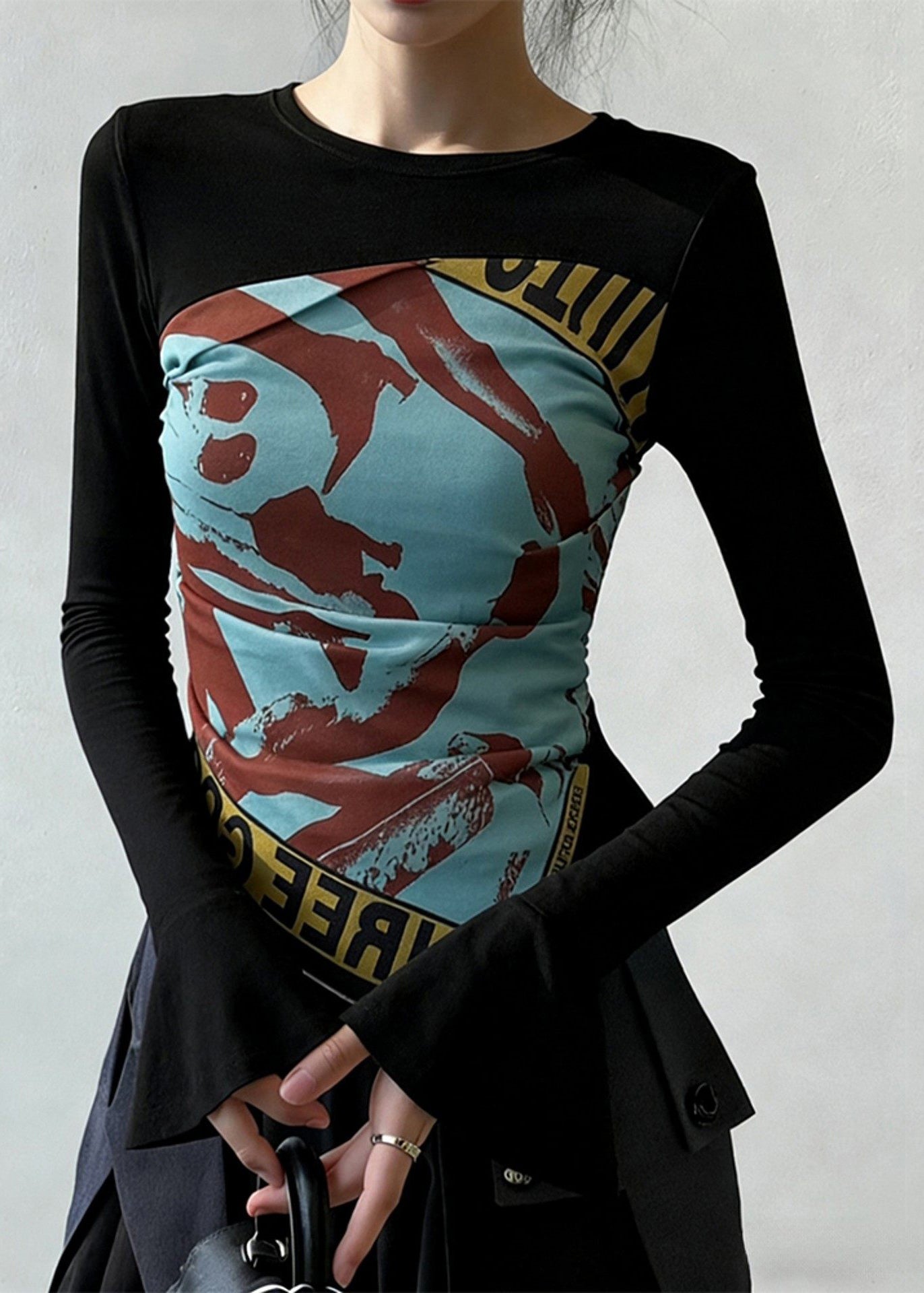 Black Print Wrinkled Patchwork False Two Pieces Cotton T Shirt Flare Sleeve