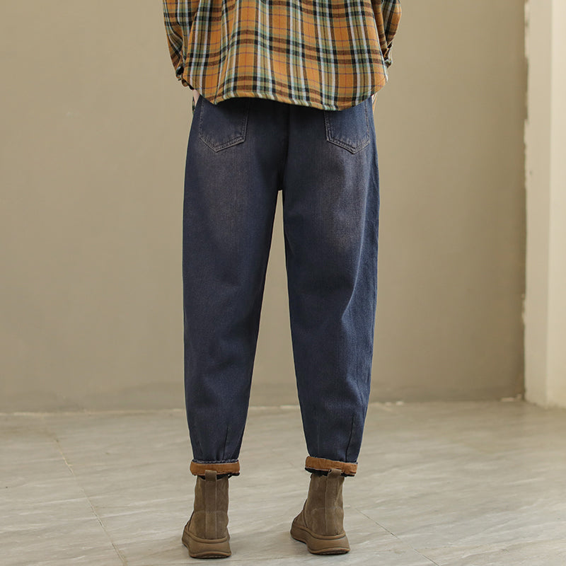 Women Retro Patchwork Winter Fur Harem Jeans