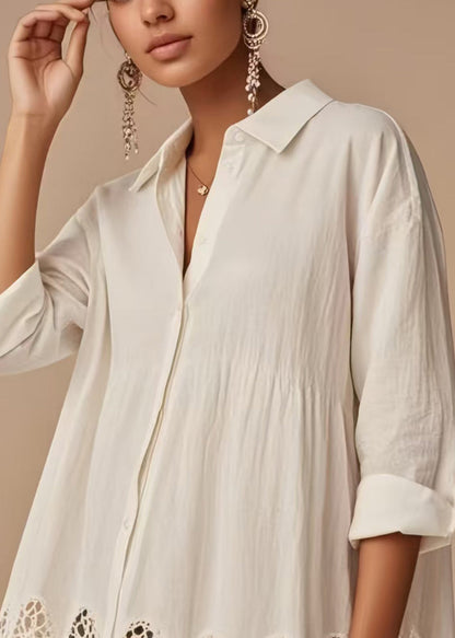 Beautiful White Oversized Hollow Out Cotton Long Top Spring