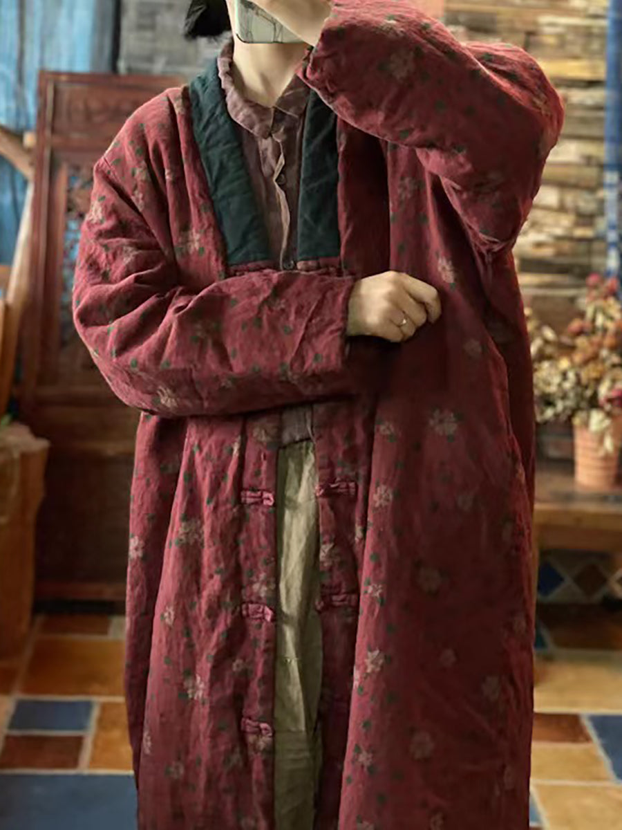 Women Print Washed Linen Padded Coat