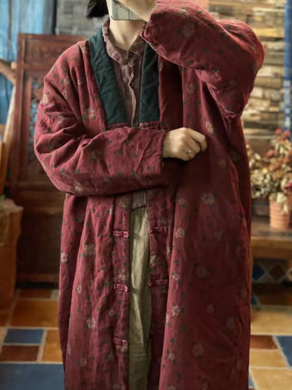 Women Print Washed Linen Padded Coat