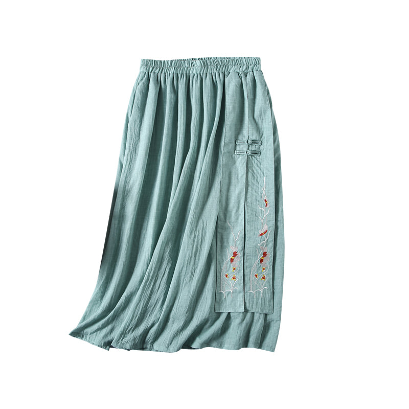 Cozy Retro Loose Cotton Linen Embroidery Skirt