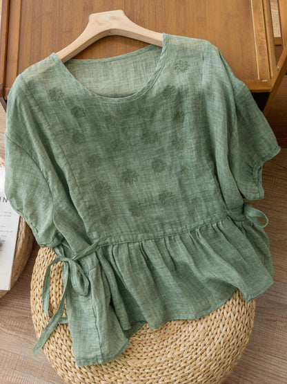 Embroidered Crew Neck Half Sleeve Casual Linen Top