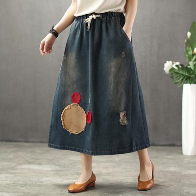 Cozy Thin Cartoon Embroidered Patch Swing  Denim Skirt