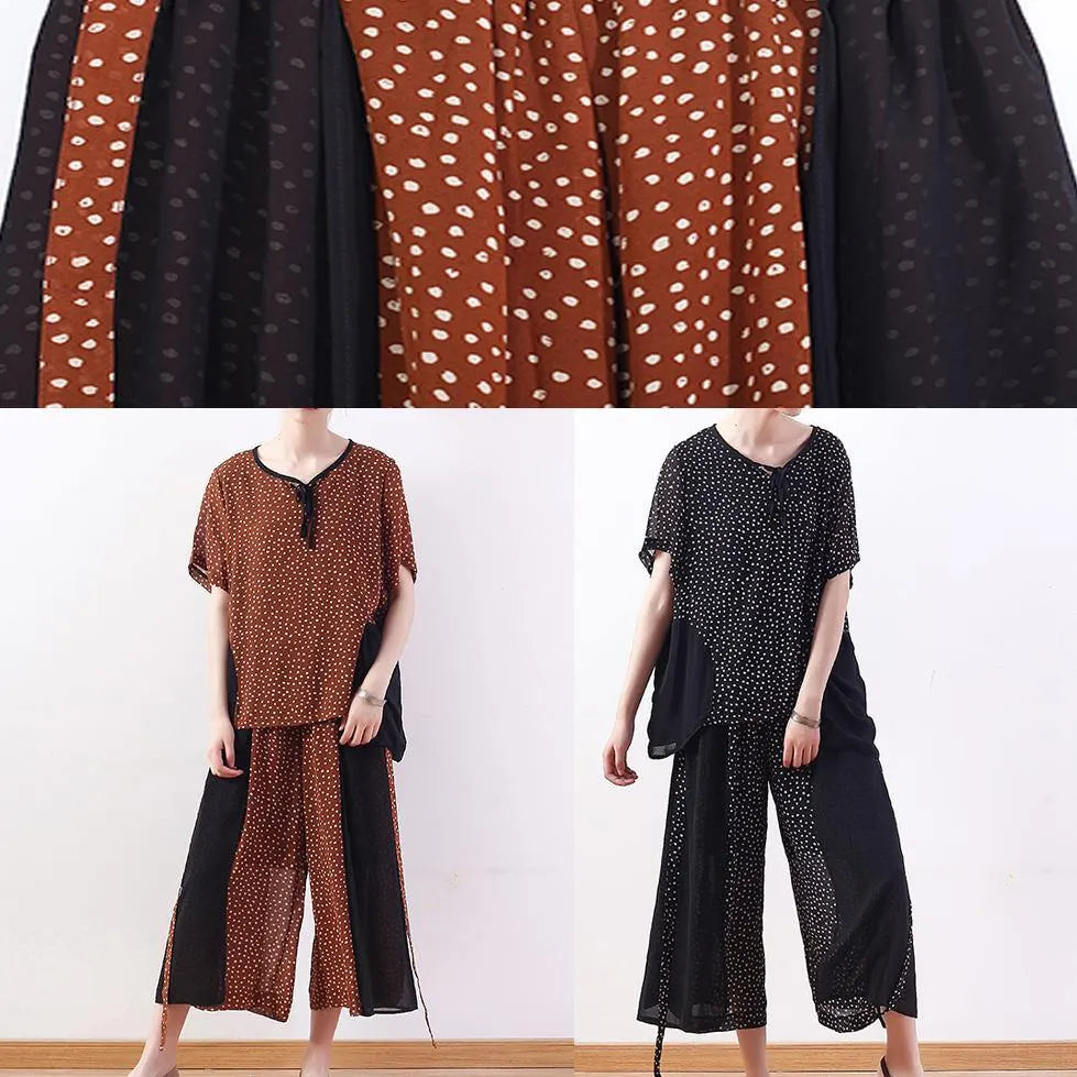 2019 khaki casual two pieces chiffon dotted tops and patchwork wide leg pants