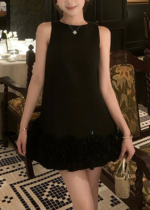 Black Original Design Solid Cotton Mini Dresses O Neck Summer