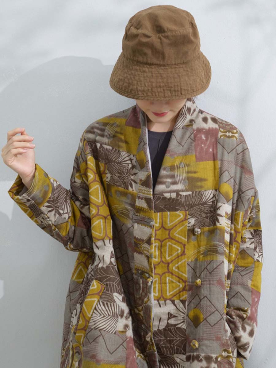 Women Winter Artsy Print Frog Loose Long Coat